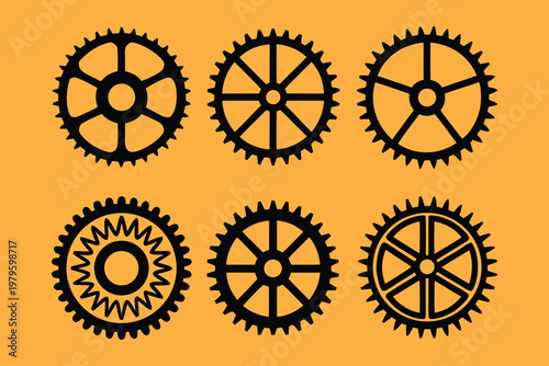 Set Of Six Black Mechanical Gear Silhouettes And Industrial Cogwheel Icons Isolated On An Orange Background For Design And Engineering