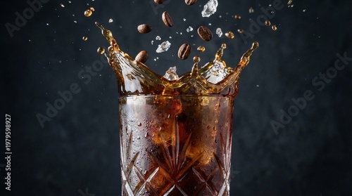 Brown liquid splashes out of a glass with ice cubes on a dark background