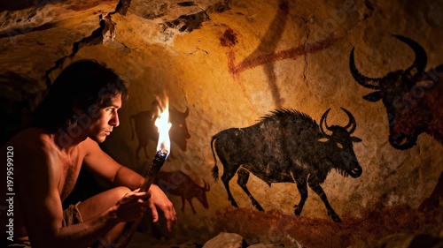Prehistoric caveman holding a burning torch looking at ancient rock art. Neanderthal discovering paleolithic animal paintings in a dark cave