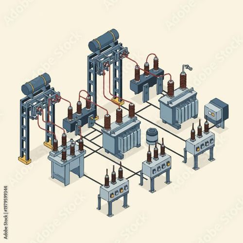 Isometric illustration of industrial electrical substation equipment and power distribution systems.