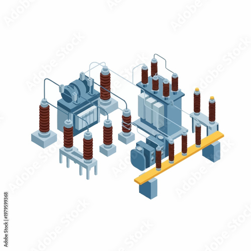 Isometric illustration of industrial electrical substation equipment.