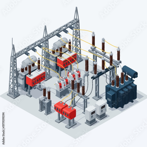Isometric illustration of electrical substation equipment.