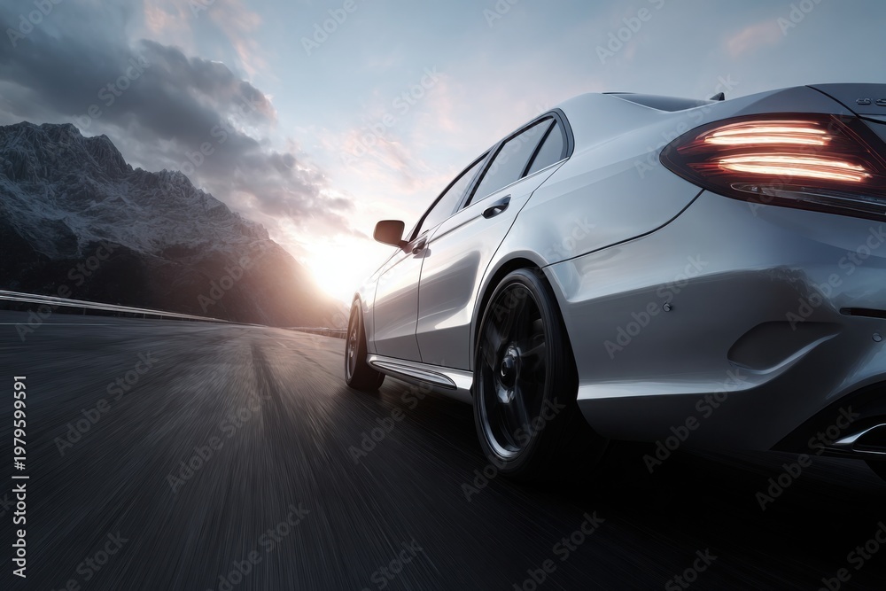 Obraz premium car premium sedan speeding along scenic mountain highway at sunset, capturing motion, freedom, and high performance driving in dramatic landscape.