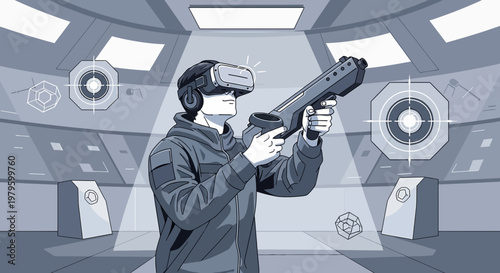 Immersive virtual reality game experience in futuristic environment depicted in illustration