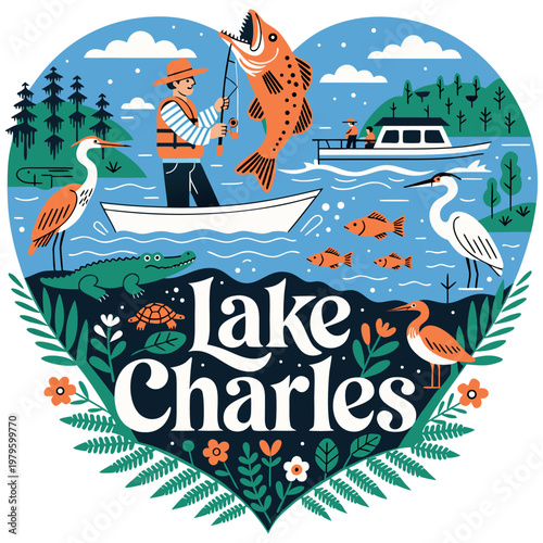 Lake Charles Louisiana Travel Illustration with Fisherman, Alligator, and Wildlife; Decorative Heart Shaped Vector Graphic for Tourism and Souvenirs
