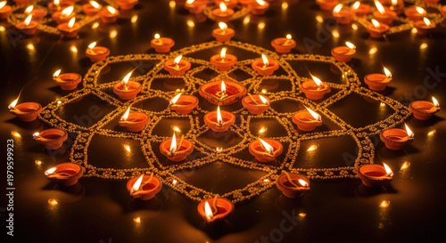 A beautiful arrangement of lit diyas in a traditional Indian rangoli design on a dark surface isolated on white background