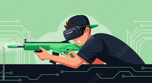 Immersive Virtual Reality Shooter Game Experience with Futuristic Green Weapon and Technology