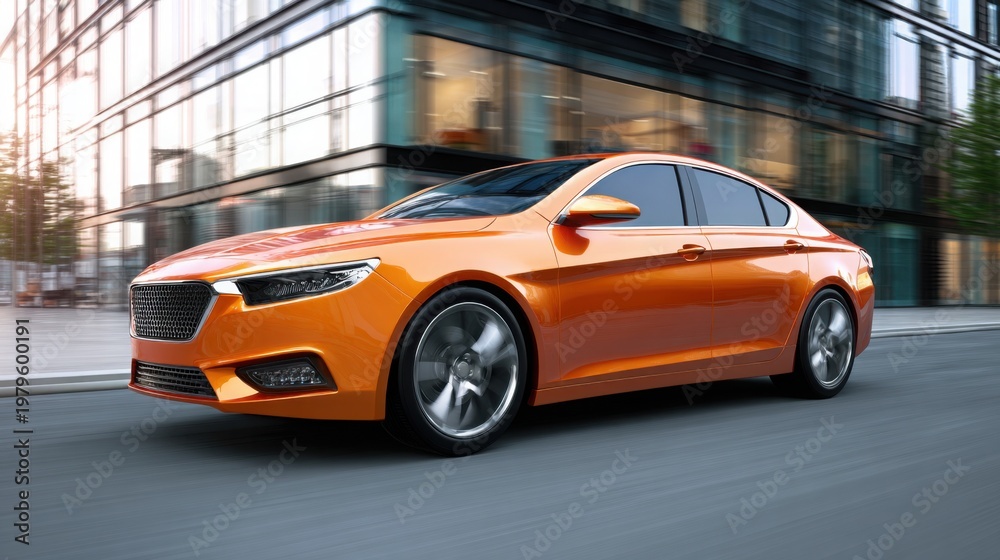 Fototapeta premium car premium sedan speeding along scenic mountain highway at sunset, capturing motion, freedom, and high performance driving in dramatic landscape.