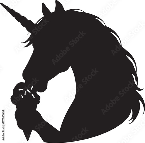 Unicorn eating ice cream cone with rainbow sprinkles. shillhoutee