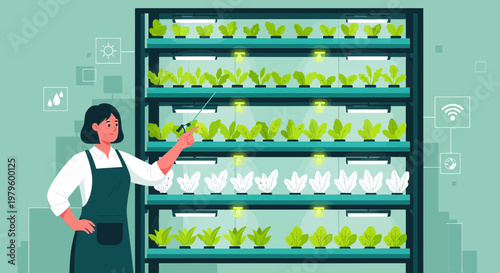 Indoor vertical farming with a woman caring for the crops modern sustainable agriculture using
