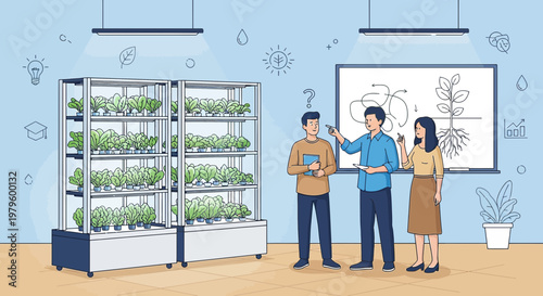 Indoor vertical farming discussion on the whiteboard presentation and advanced growth technology