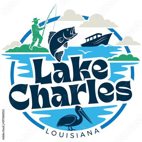 Lake Charles Louisiana Vintage Style Travel Badge Graphic with Fisherman Catching Bass, Pelican, and Boat for Outdoor Tourism and Souvenir Designs