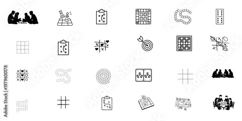 Family Board Game and Tabletop Icon Set – Minimalist Illustrations for Game Night, Hobby Branding, and Entertainment Graphics