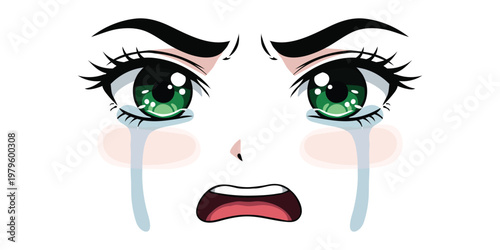 Anime style crying face with green eyes and tears
