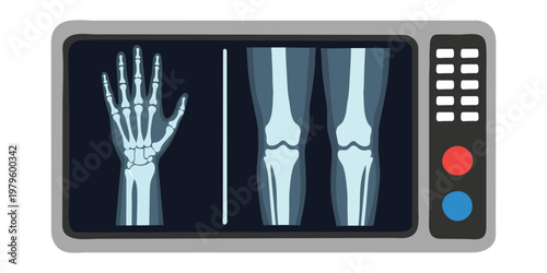 Medical monitor screen displaying hand and knee xray images