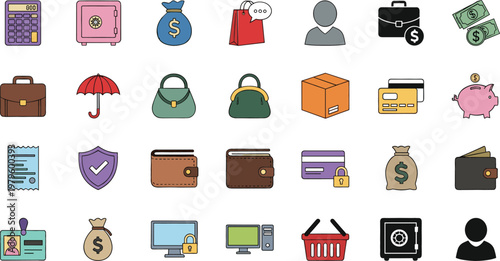 Finance, Shopping and Security Flat Icon Set Featuring Wallets, Safe Box, Money Bags, Credit Cards, User Accounts and Retail Symbols
