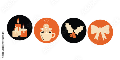 Set of four christmas icons with candles, gingerbread man in a mug, holly berries and a decorative bow