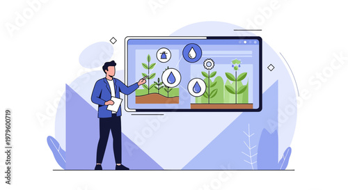Innovative agricultural technology presentation showcasing plant irrigation strategies and solutions