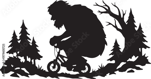 Giant riding tiny bicycle through forest shillhoutee