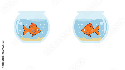 Two goldfish in fishbowls facing each other
