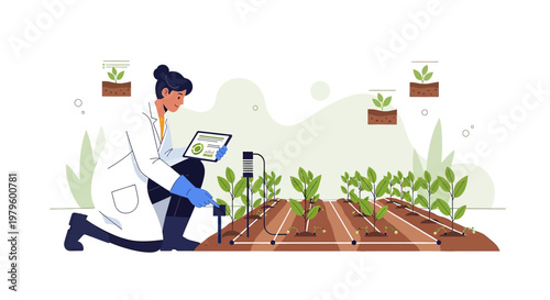 Innovative agriculture professional analyzes plant growth with digital field monitoring system