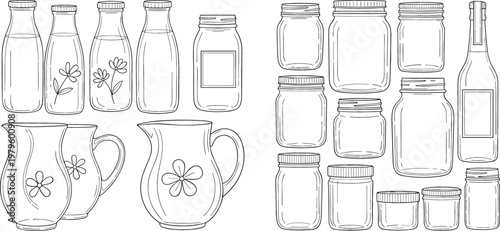 Fotografie Hand Drawn Glass Bottle and Jar Outline Set Featuring Vintage Containers, Mason