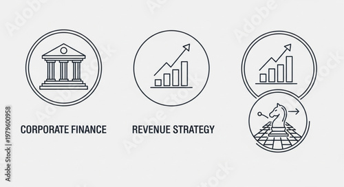 Corporate finance revenue strategy icon set showing symbols.