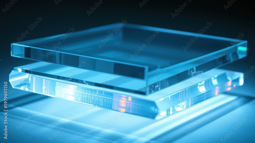 Fototapeta premium Stacked transparent blocks illuminate, creating futuristic visual effect. Blue tones dominate composition, suggesting technology.