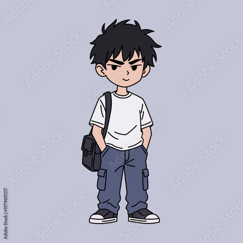 Cartoon character of a chibi boy with backpack and cargo pants illustration