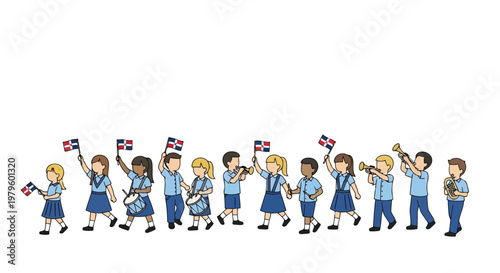 School children marching in parade carrying Dominican Republic flags isolated on white background
