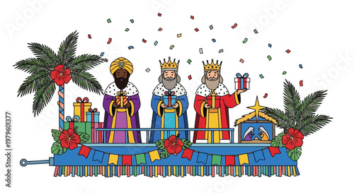 Three kings on festive float during holiday parade vector illustration isolated on white background