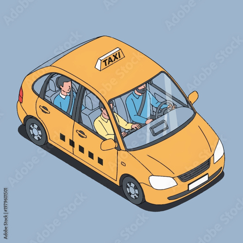 Yellow taxi cab with two people.