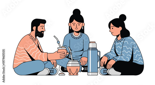 Friends sitting on the floor drinking mate tea with thermos and cups isolated on white background