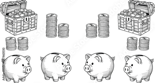 Hand Drawn Savings Treasure and Piggy Bank Sketch Set Featuring Coin Stacks, Treasure Chests, Money Storage and Wealth Symbols