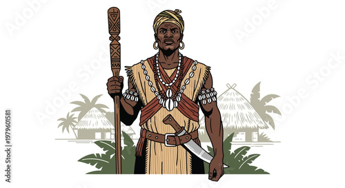 Indigenous tribal leader standing with a spear and traditional clothing isolated on white background