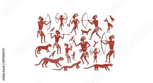 Ancient cave painting art style featuring tribal hunters and animals isolated on white background