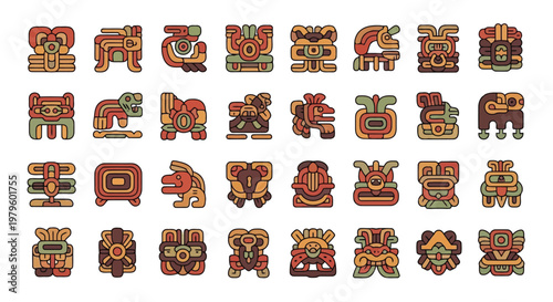 Set of twenty five mayan glyph icons with historical cultural symbols isolated on white background