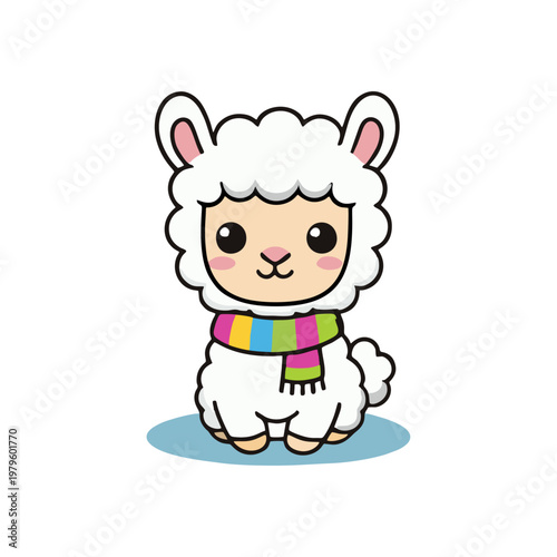 Cute fluffy cartoon llama wearing a colorful striped scarf, adorable animal illustration for children's books and designs