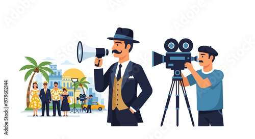 Film director and cameraman shooting a scene on a vintage movie set isolated on white background