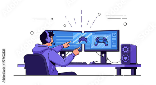 Illustrative gaming enthusiast interacting with dual monitors and stylish headset in modern room