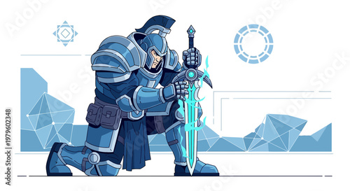 Illustrative knight kneeling with glowing sword in futuristic setting showcasing strength