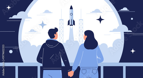 Illustrative journey into the cosmos with a couple observing a rocket launch together