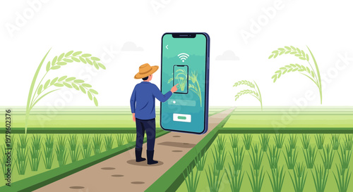 Illustrative modern agriculture: farmer interacts with app for smart farming techniques
