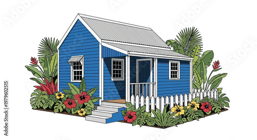 Charming blue wooden cottage house surrounded by lush tropical plants isolated on white background