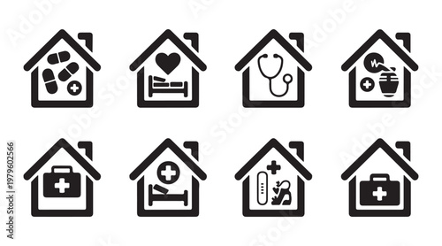 Modern business office equipment icons including colored folders printers search tools and filing box systems.