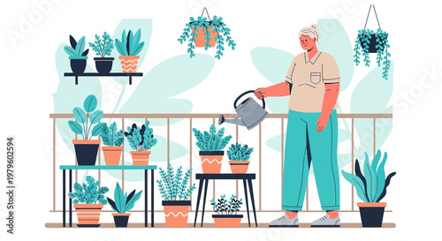 Illustrative scene of a woman tending to her lush urban balcony garden at daytime