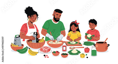 Diverse family cooking healthy meal together in modern kitchen setting isolated on white background