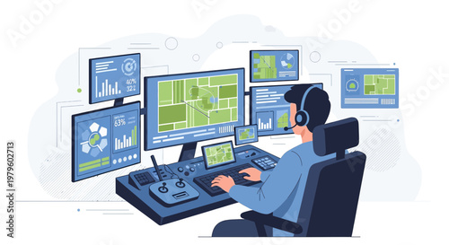 Illustrative vector image showcases a control center operator monitoring complex data on multiple