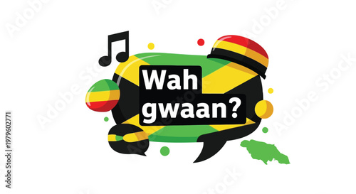 Jamaican patois speech bubble with reggae colors and music note icon isolated on white background