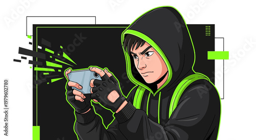 Immersed in digital realms focused player intensely gaming on a smartphone screen